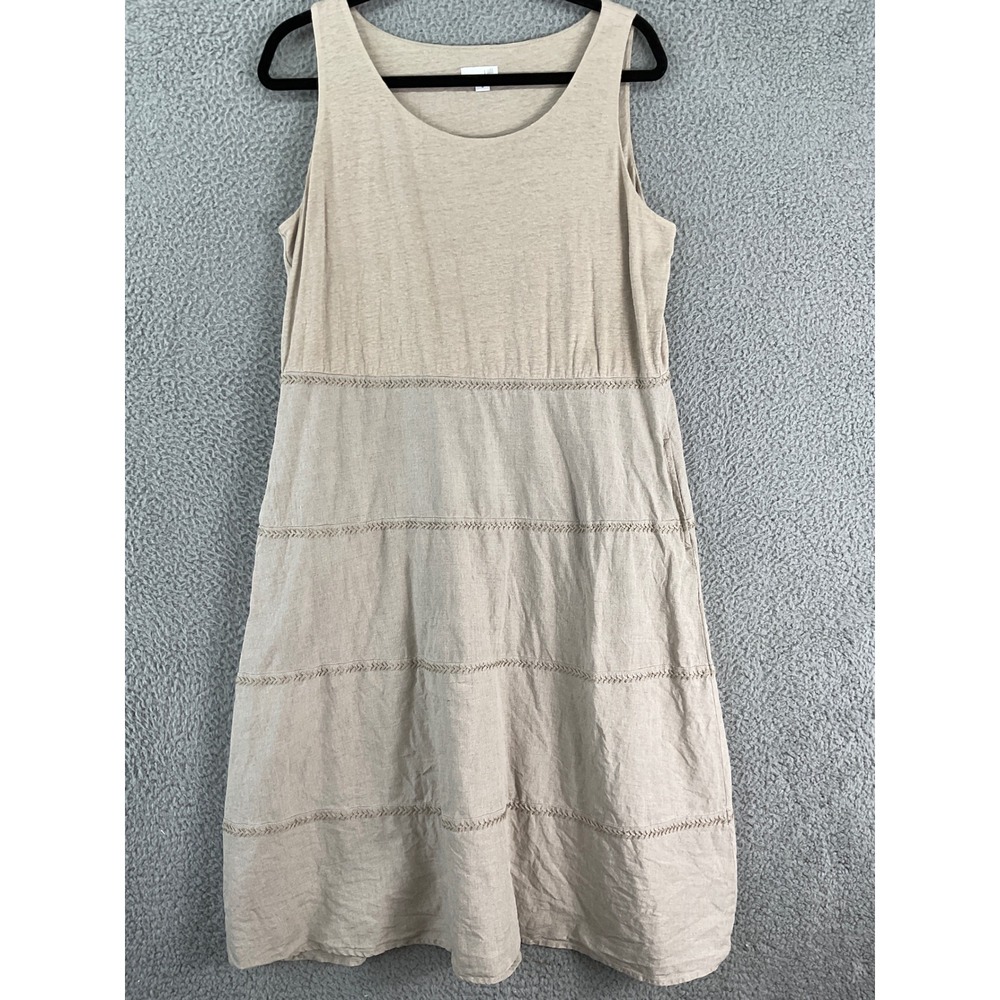 JJill Linen Tiered Midi Dress Womens M Oatmeal Beige Sleeveless Pockets Boho